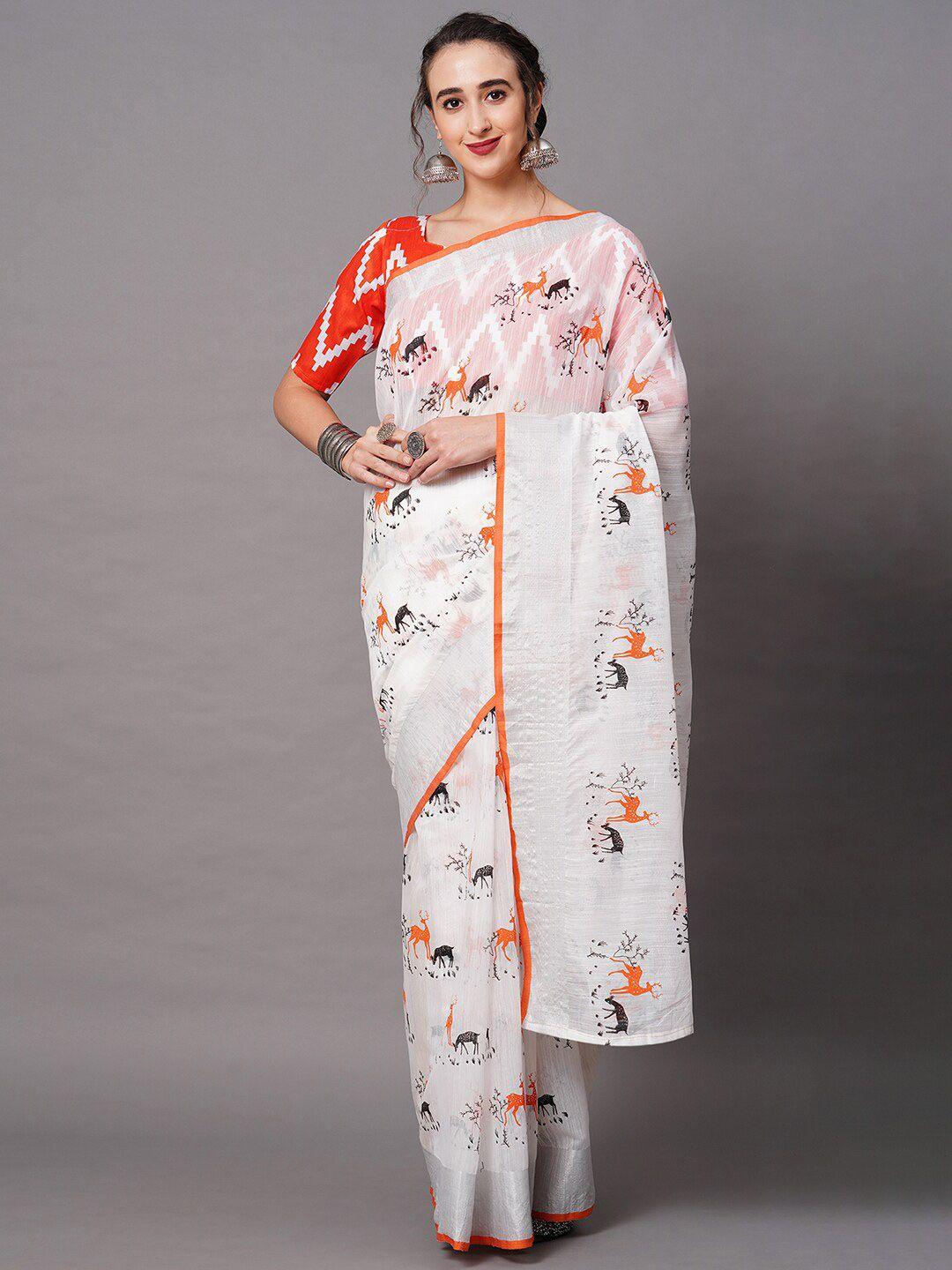 mitera off white & orange ethnic motifs printed linen blend saree