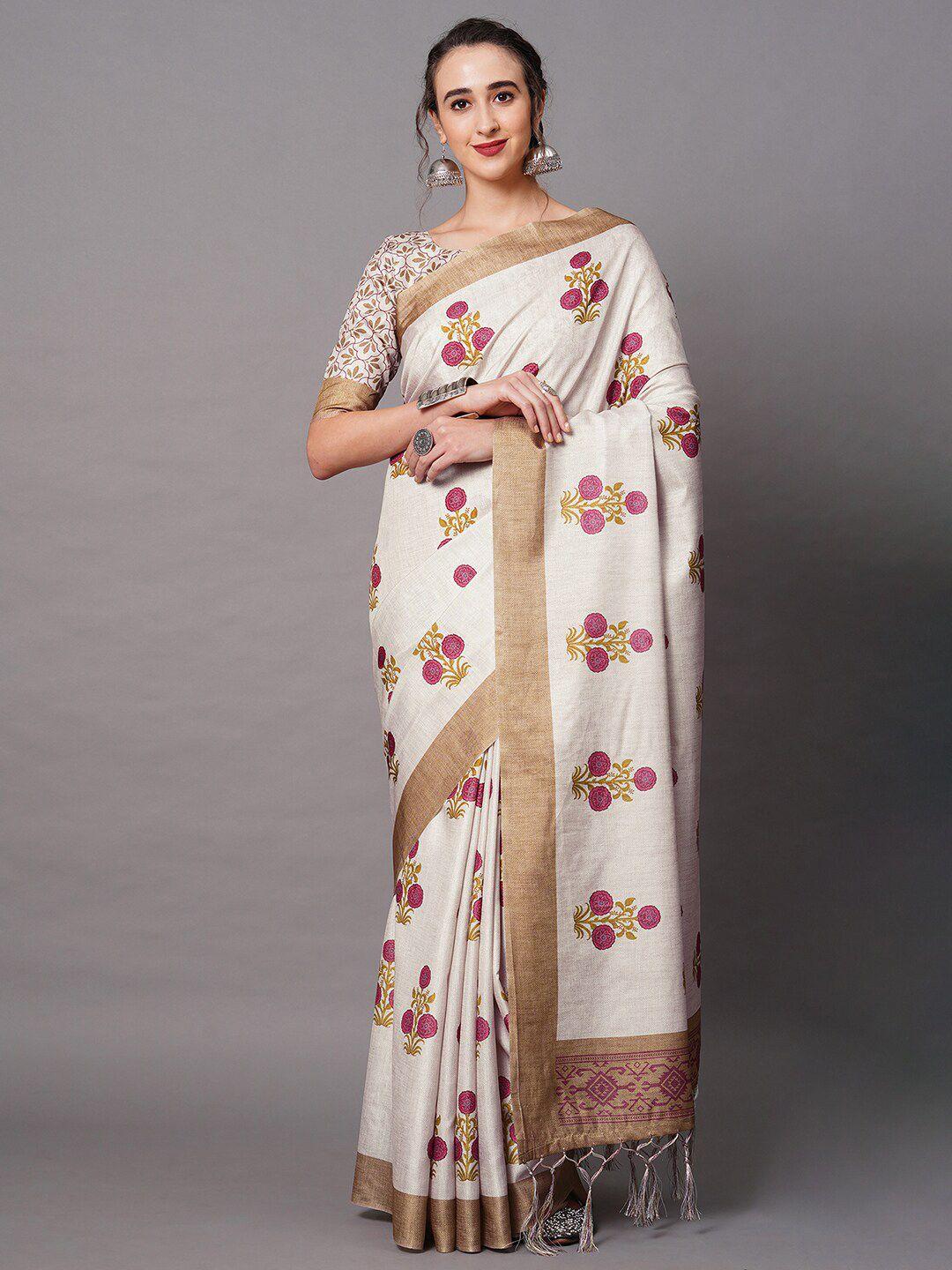 mitera cream-coloured & pink floral printed silk blend saree