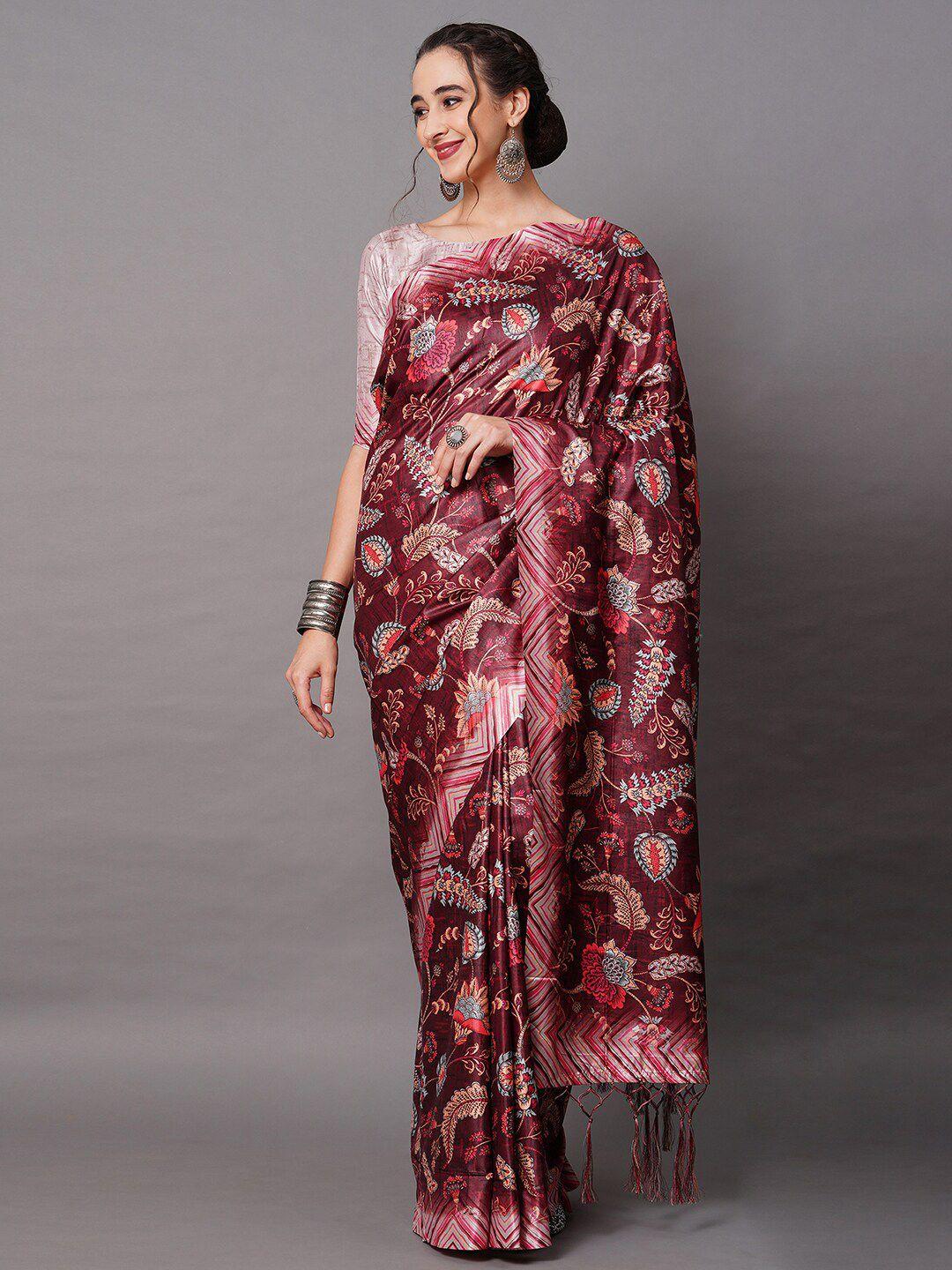 mitera maroon silk blend floral printed saree