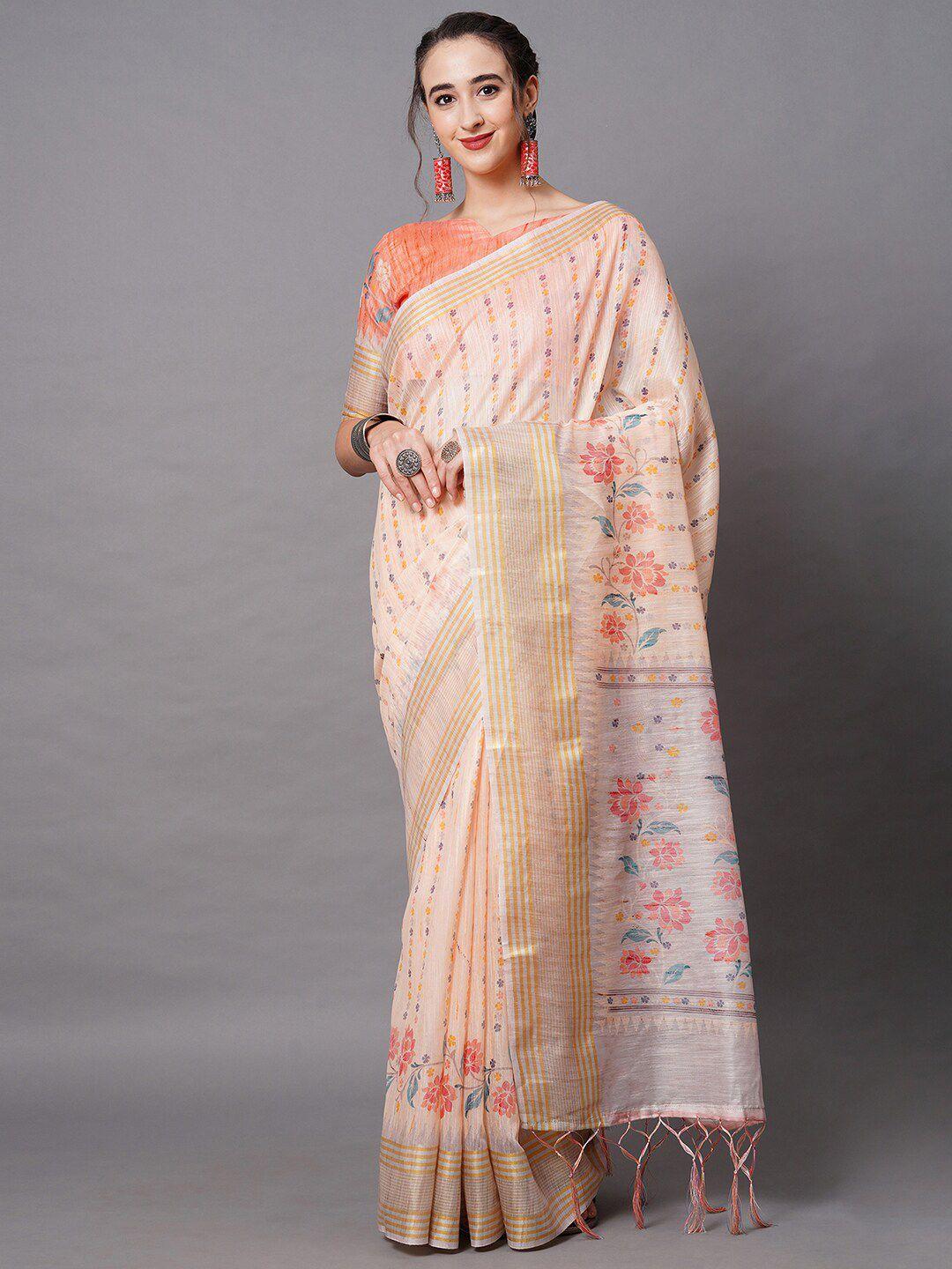 mitera peach-coloured & orange linen blend floral printed saree