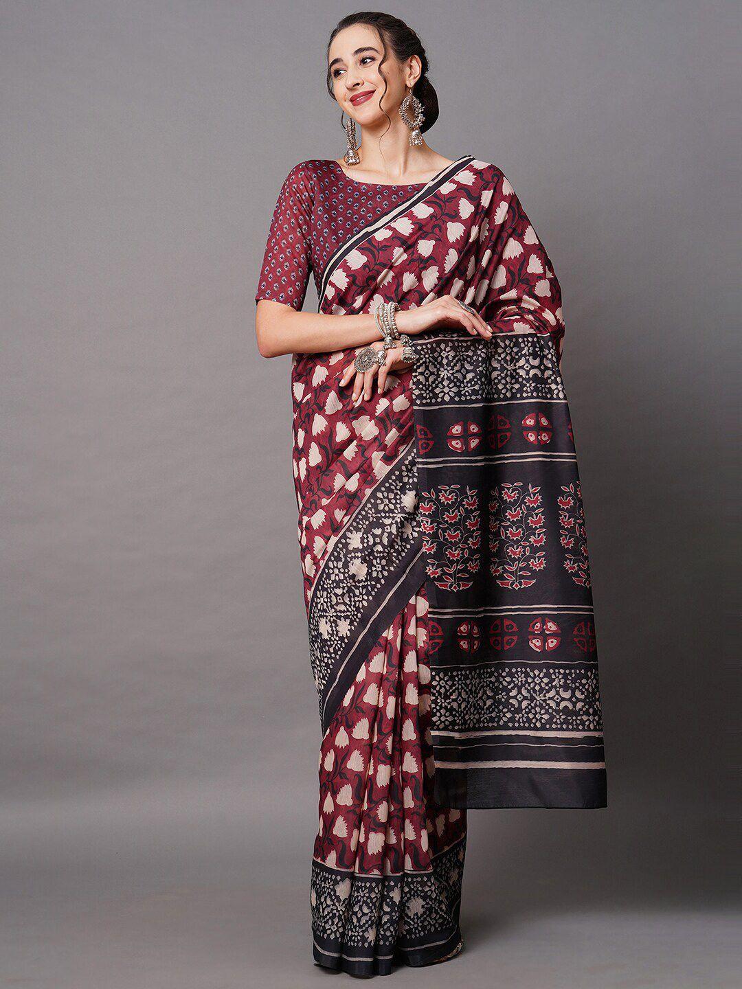 mitera maroon & white silk blend floral printed saree