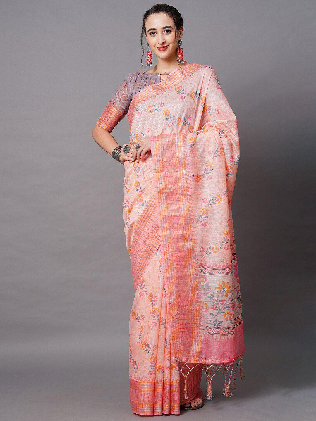 mitera peach-coloured linen blend floral printed saree