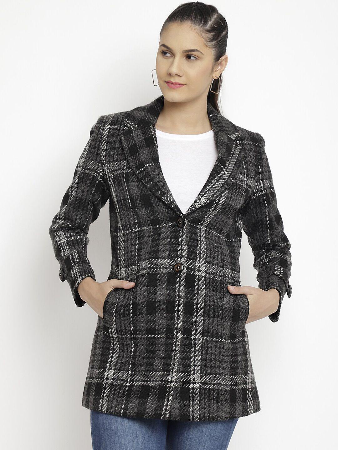 lure urban women black checked woollen trench coat