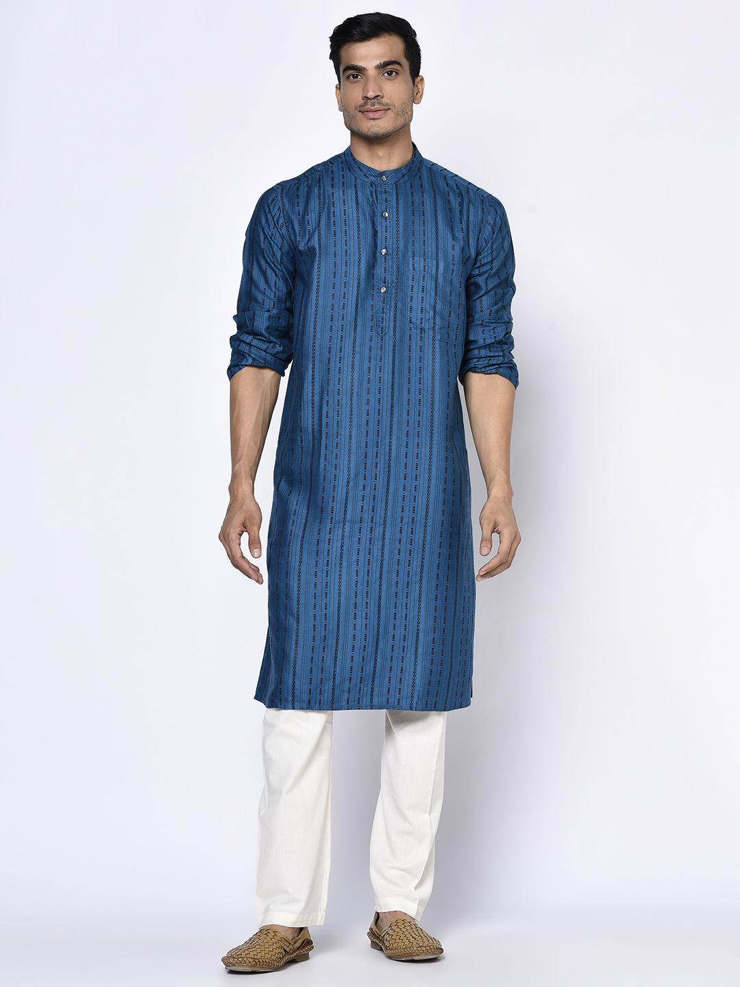 fabindia men blue & black striped straight kurta