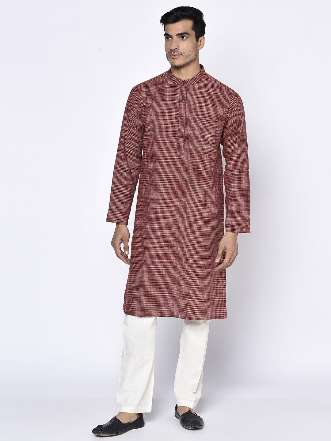 fabindia men maroon & cream-coloured cotton striped straight kurta