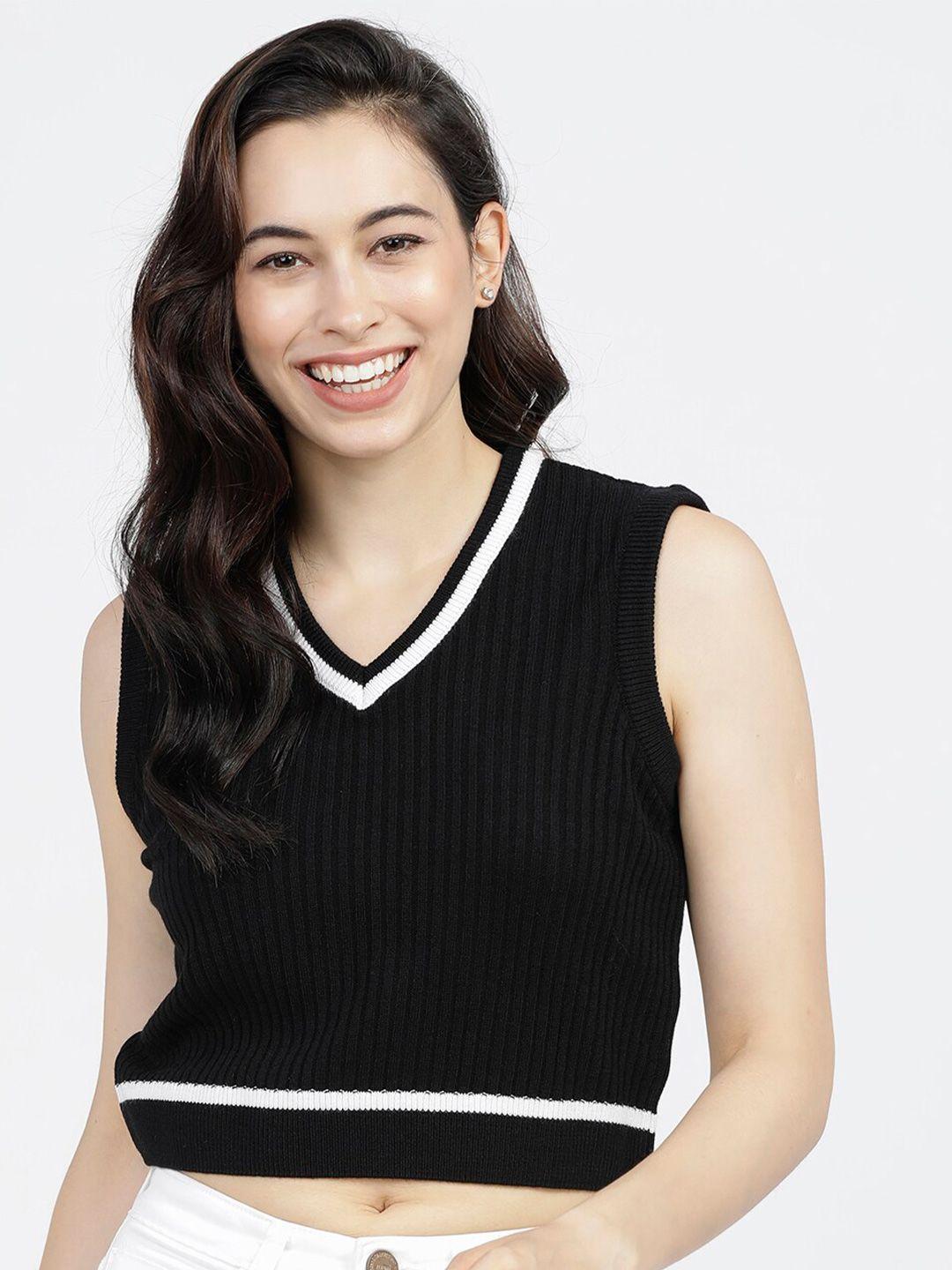 tokyo talkies women black & white crop sweater vest