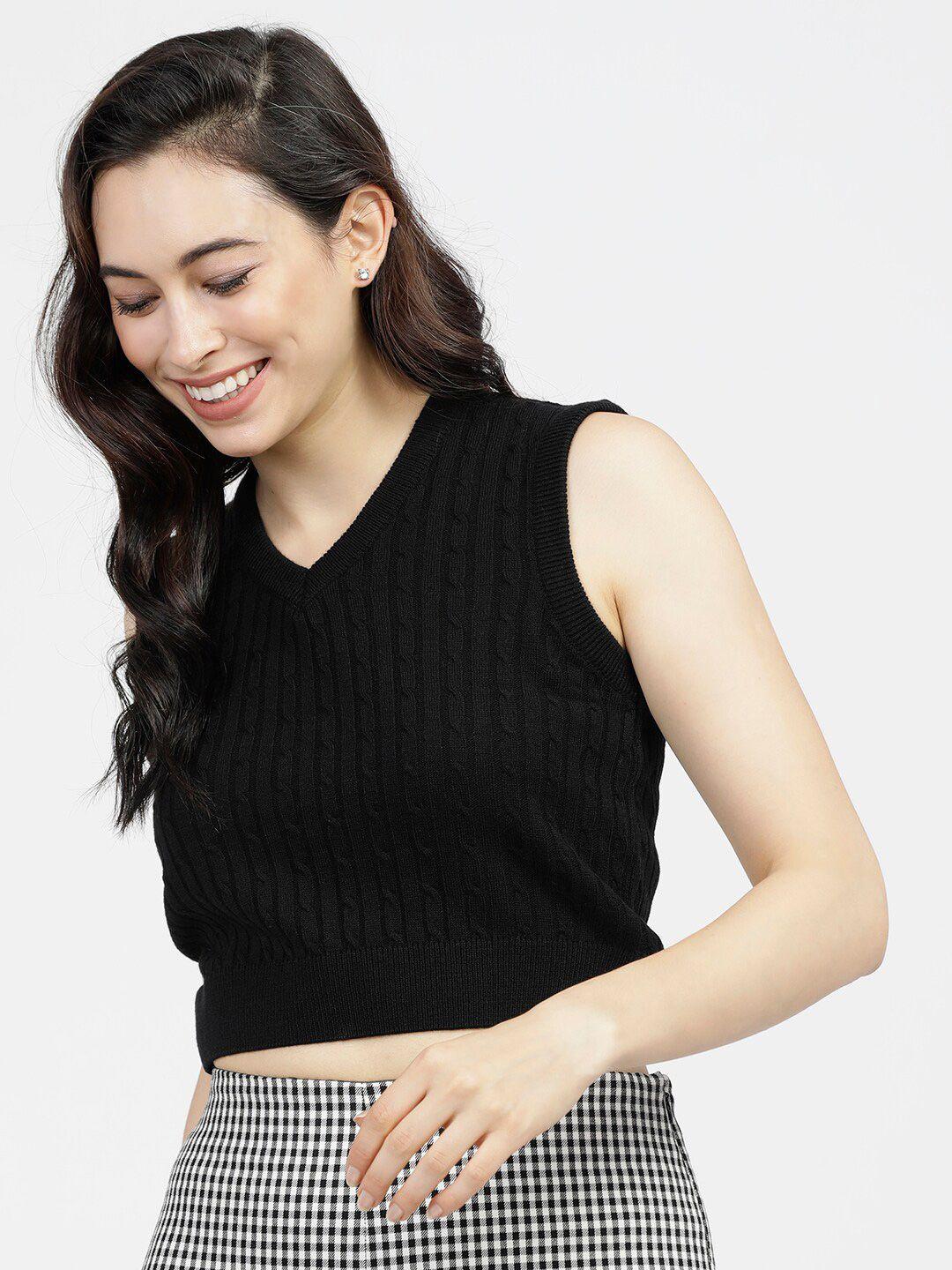 tokyo talkies women black crop sweater vest