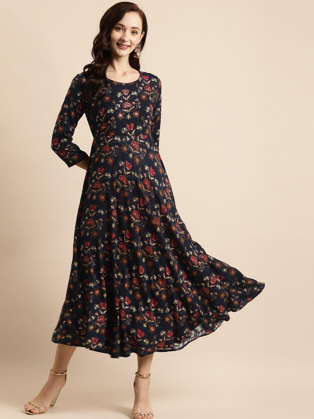 rangmayee navy blue & maroon liva ethnic a-line maxi dress