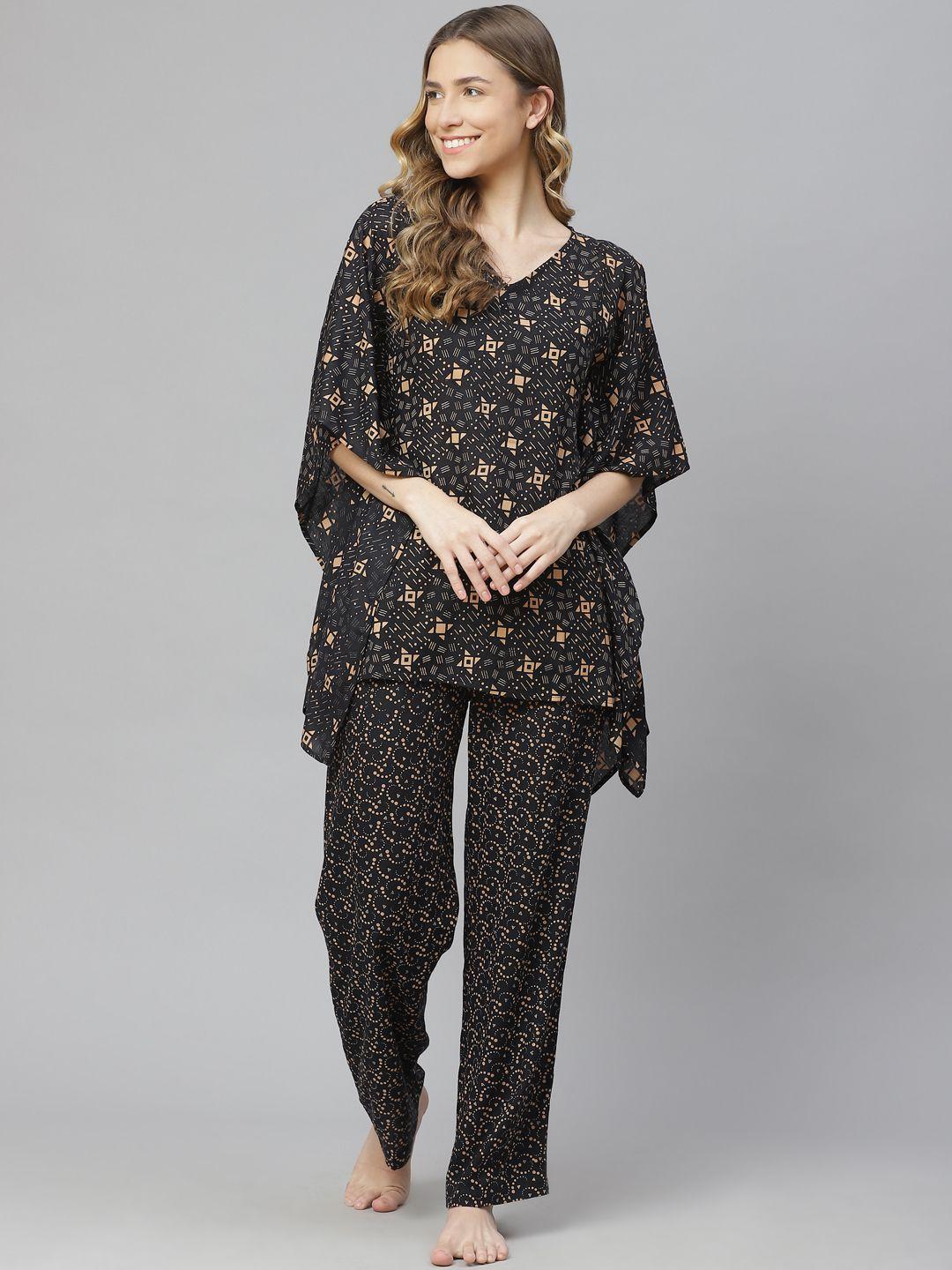 cottinfab women black & beige printed night suit