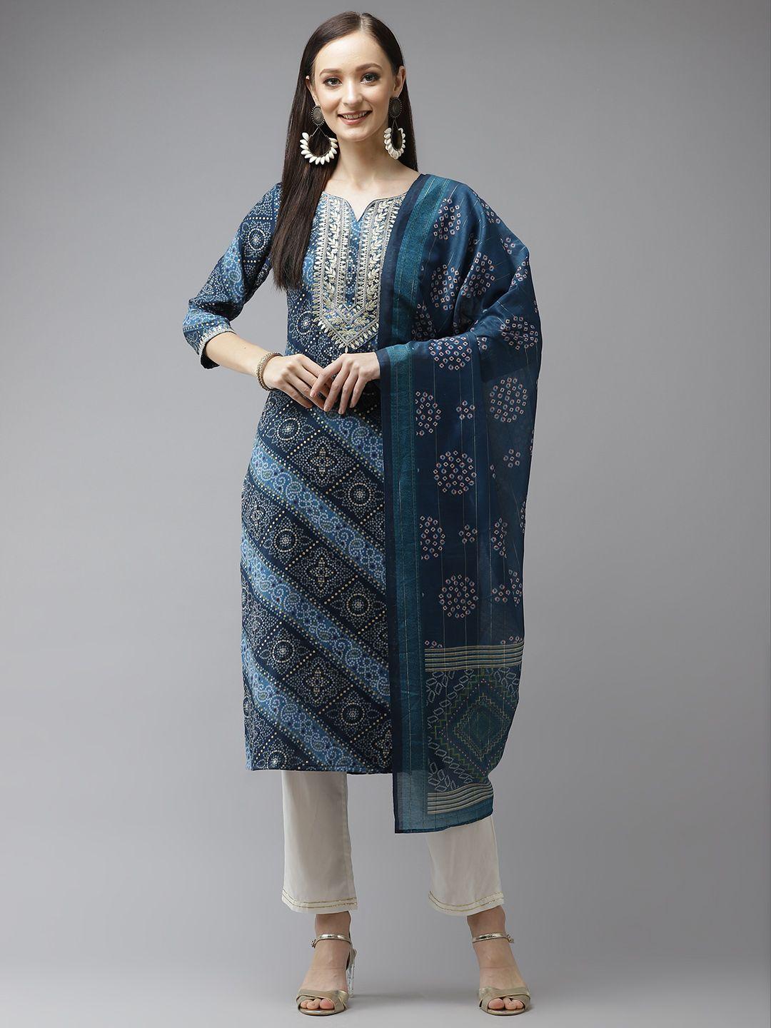 yufta women blue bandhani printed regular gotta patti kurta with palazzos & with dupatta