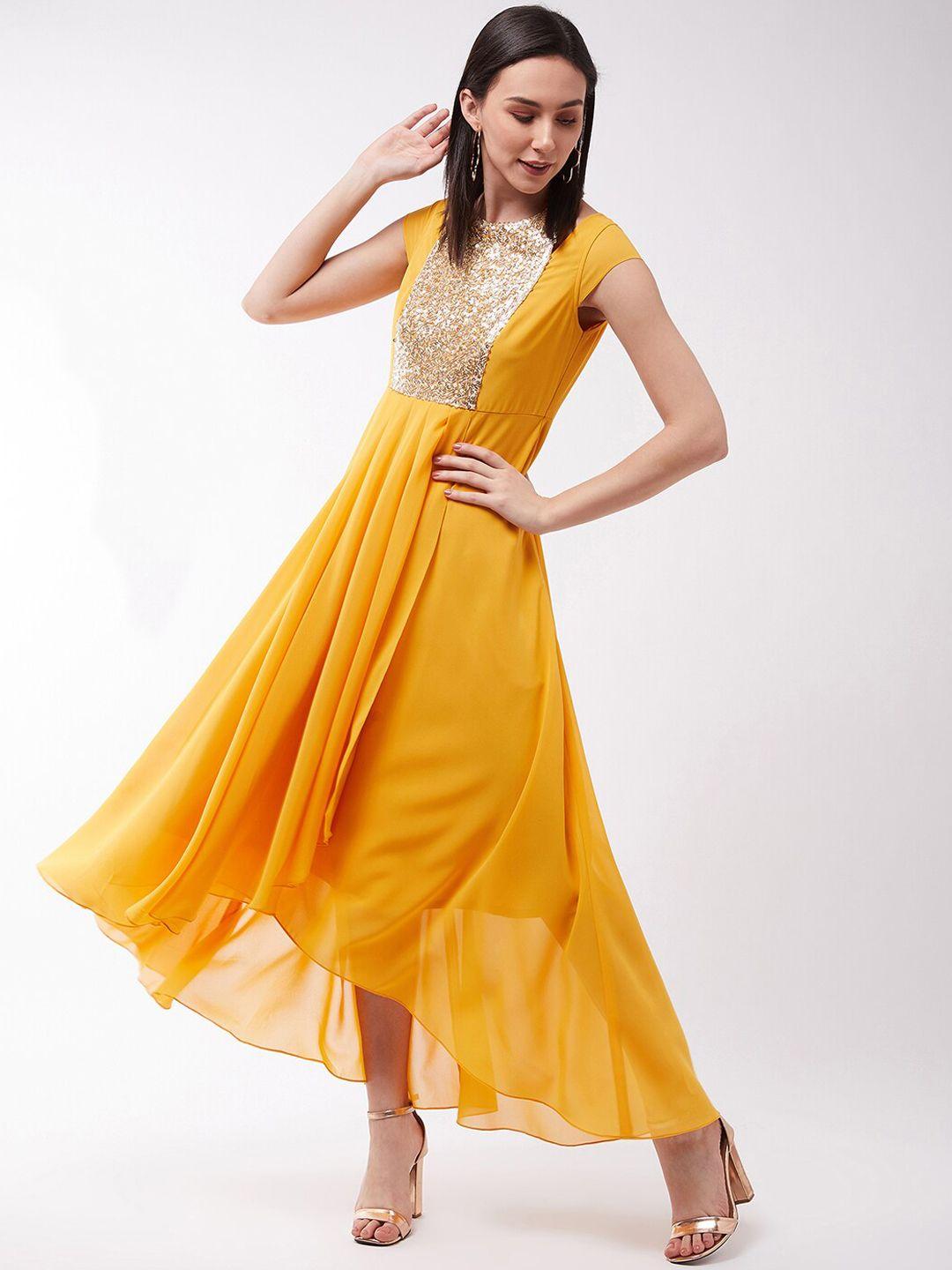 miss chase mustard yellow & gold-toned embellished georgette fit & flare dress