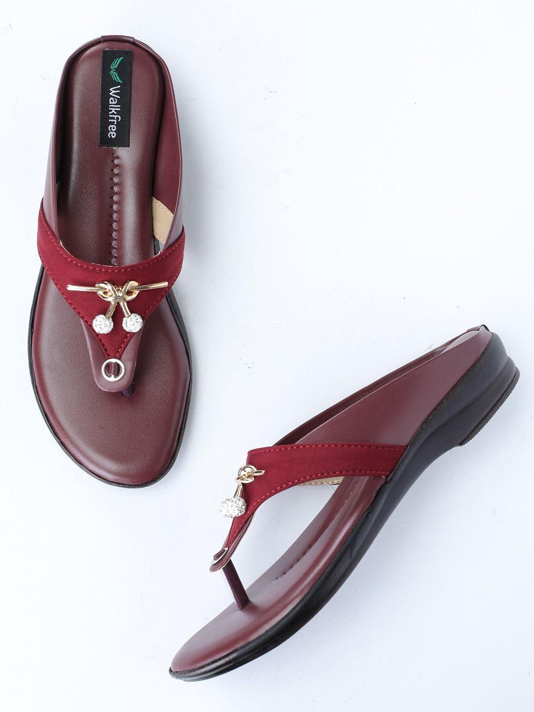 walkfree women maroon embellished leather ethnic open toe flats with bows