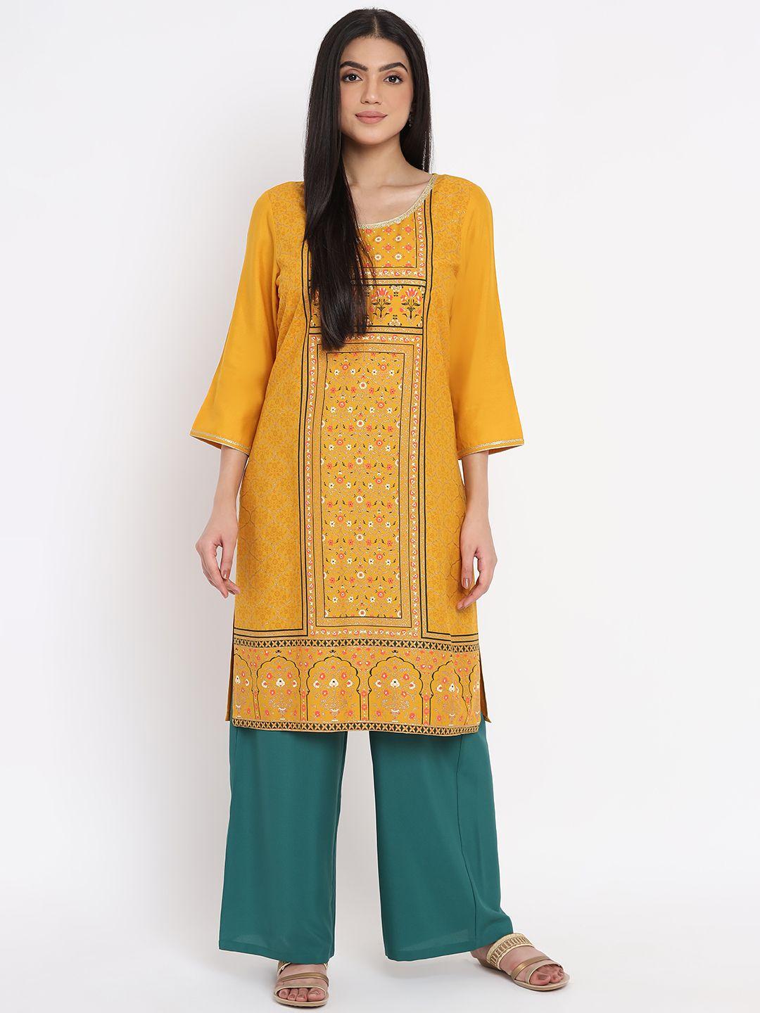 aurelia - the aure collection women mustard yellow & green ethnic motifs printed regular kurta with palazzos