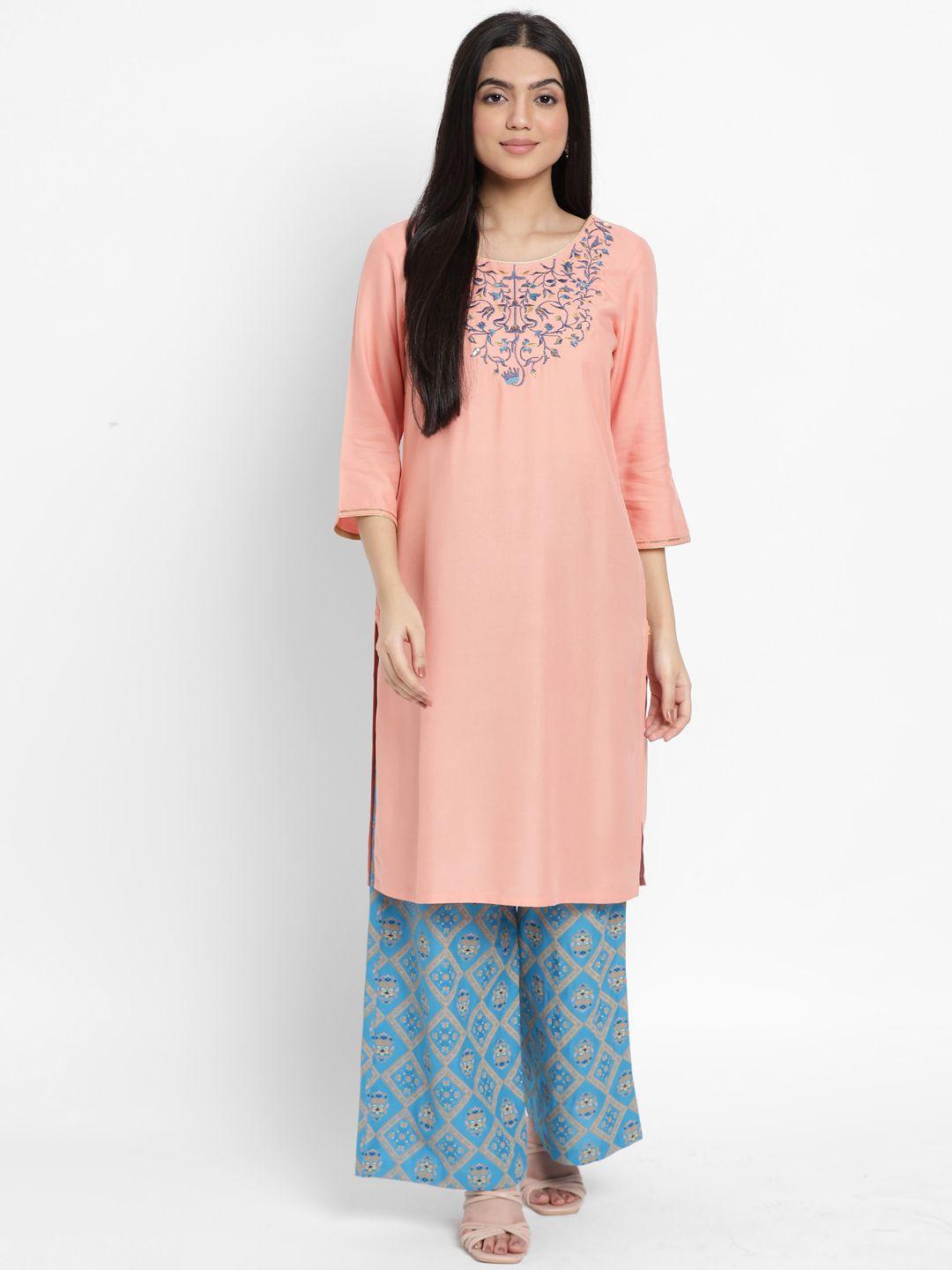 aurelia women pink embroidered kurta with palazzos