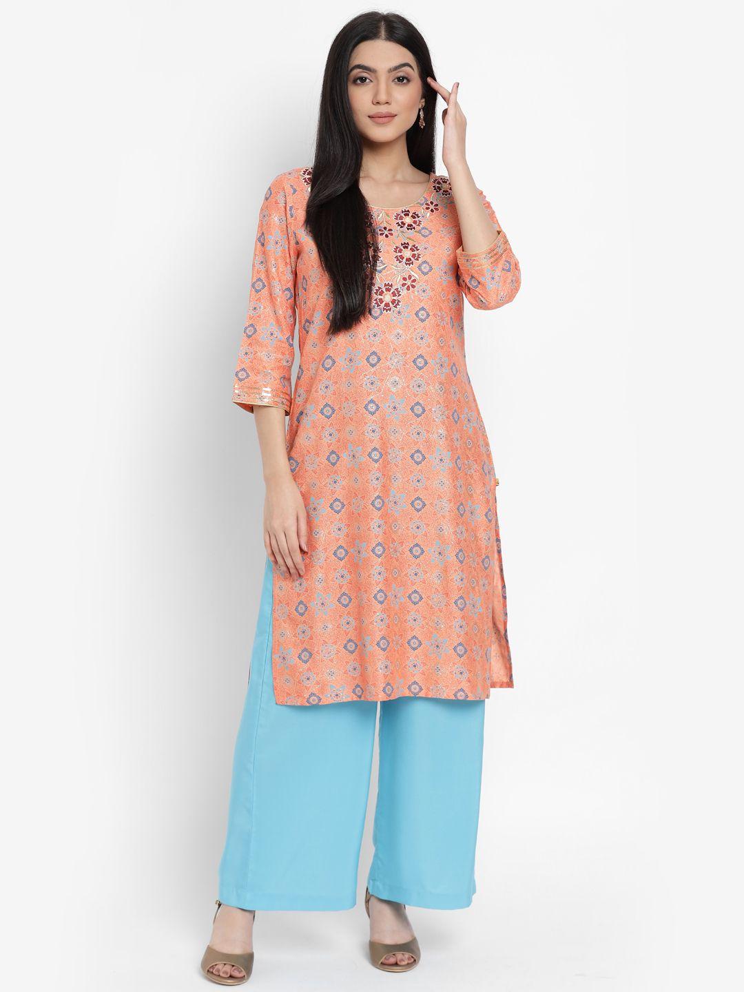 aurelia - the aure collection women peach-coloured ethnic motifs printed regular kurta with palazzos