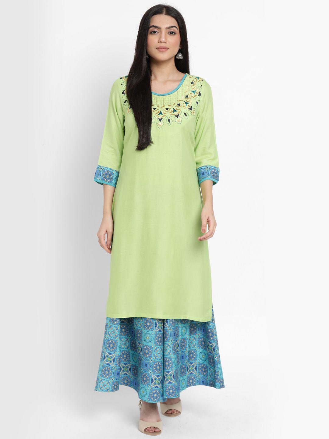 aurelia - the aure collection women green yoke design regular kurta with trousers