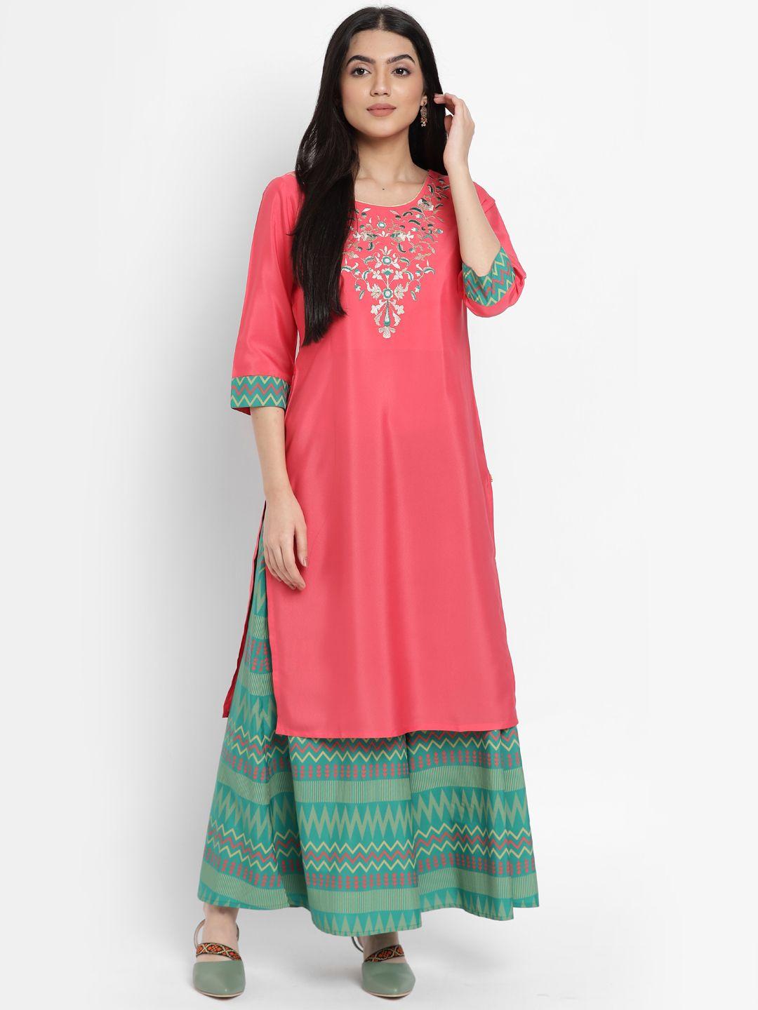 aurelia - the aure collection women coral pink & green ethnic motifs yoke design regular kurta with palazzos