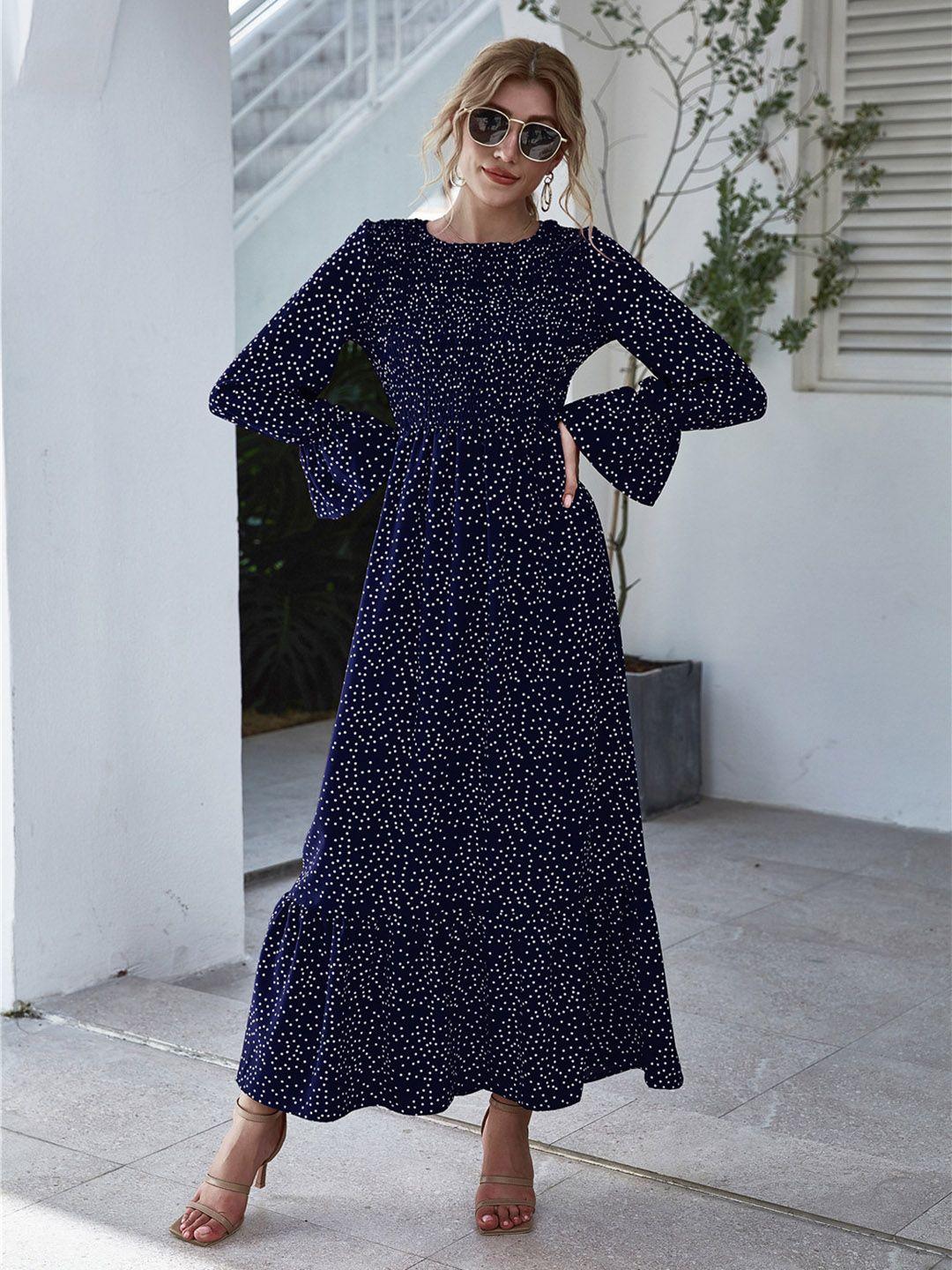 urbanic navy blue & white polka dot print a-line midi dress