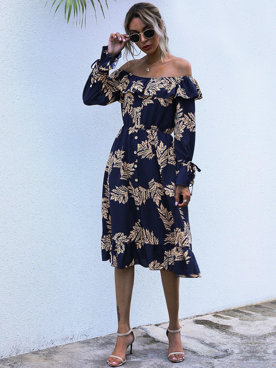 urbanic navy blue & beige floral off-shoulder split a-line dress