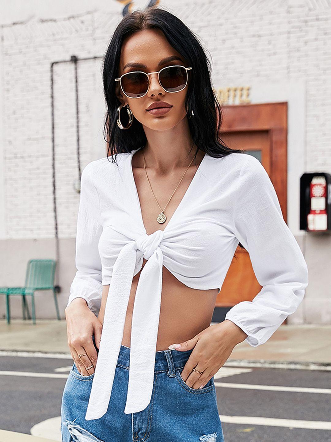 urbanic white cotton solid fitted crop top with tie-up feature