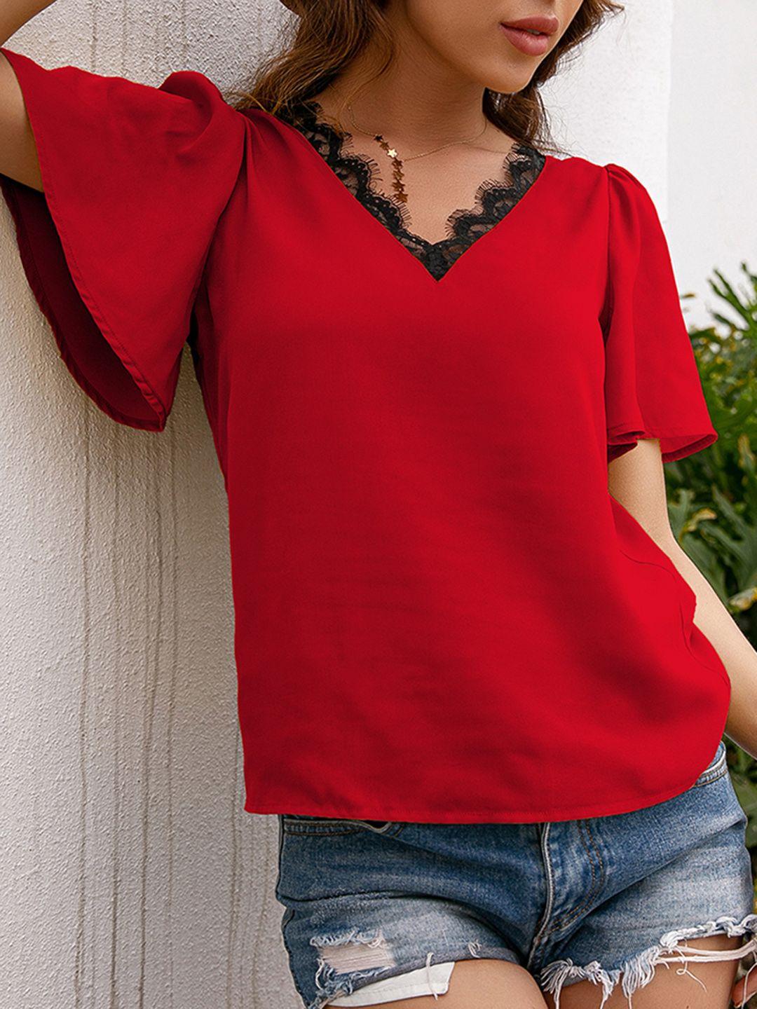 urbanic red solid contrast lace regular top