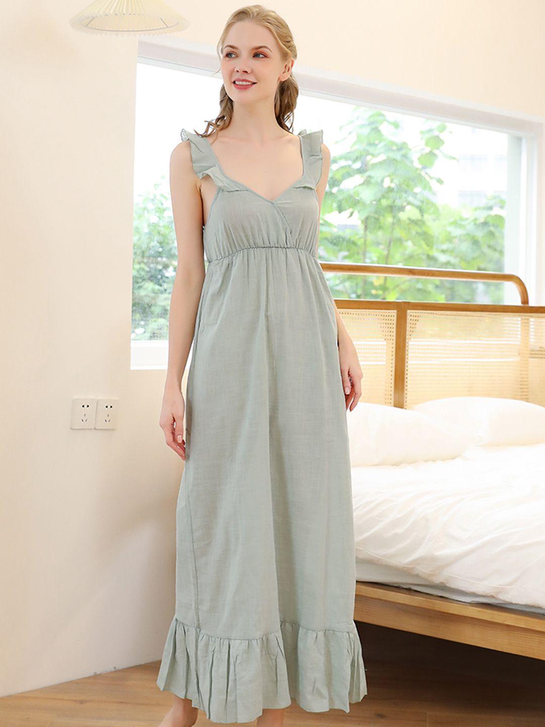 urbanic women green solid nightdress with ruffles detail