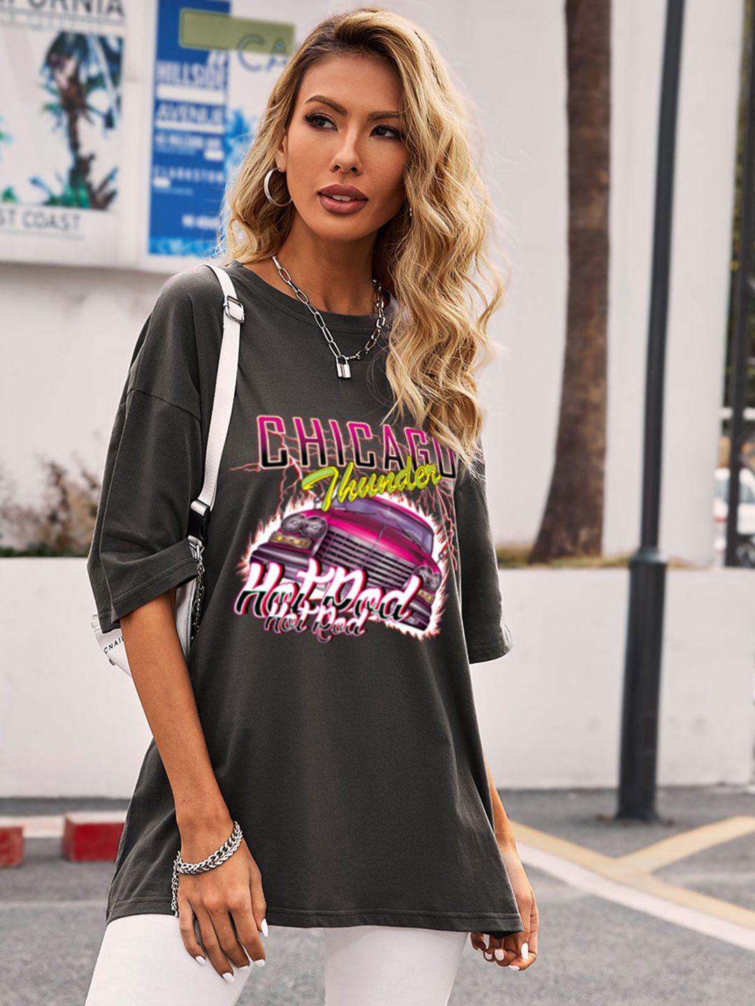 urbanic women charcoal grey & pink cotton printed drop-shoulder relaxed longline t-shirt