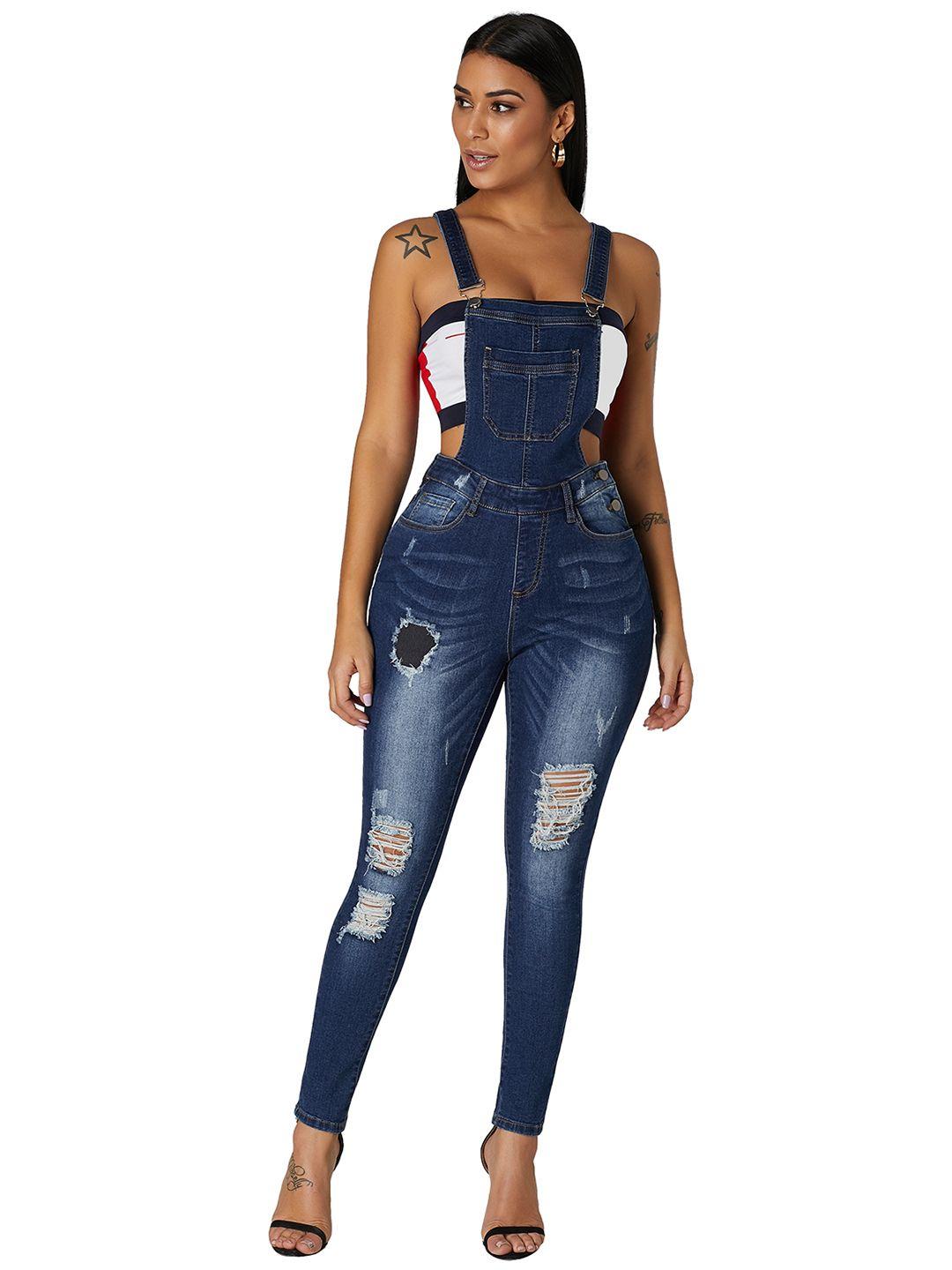 urbanic women navy blue distressed skinny fit denim cotton dungarees