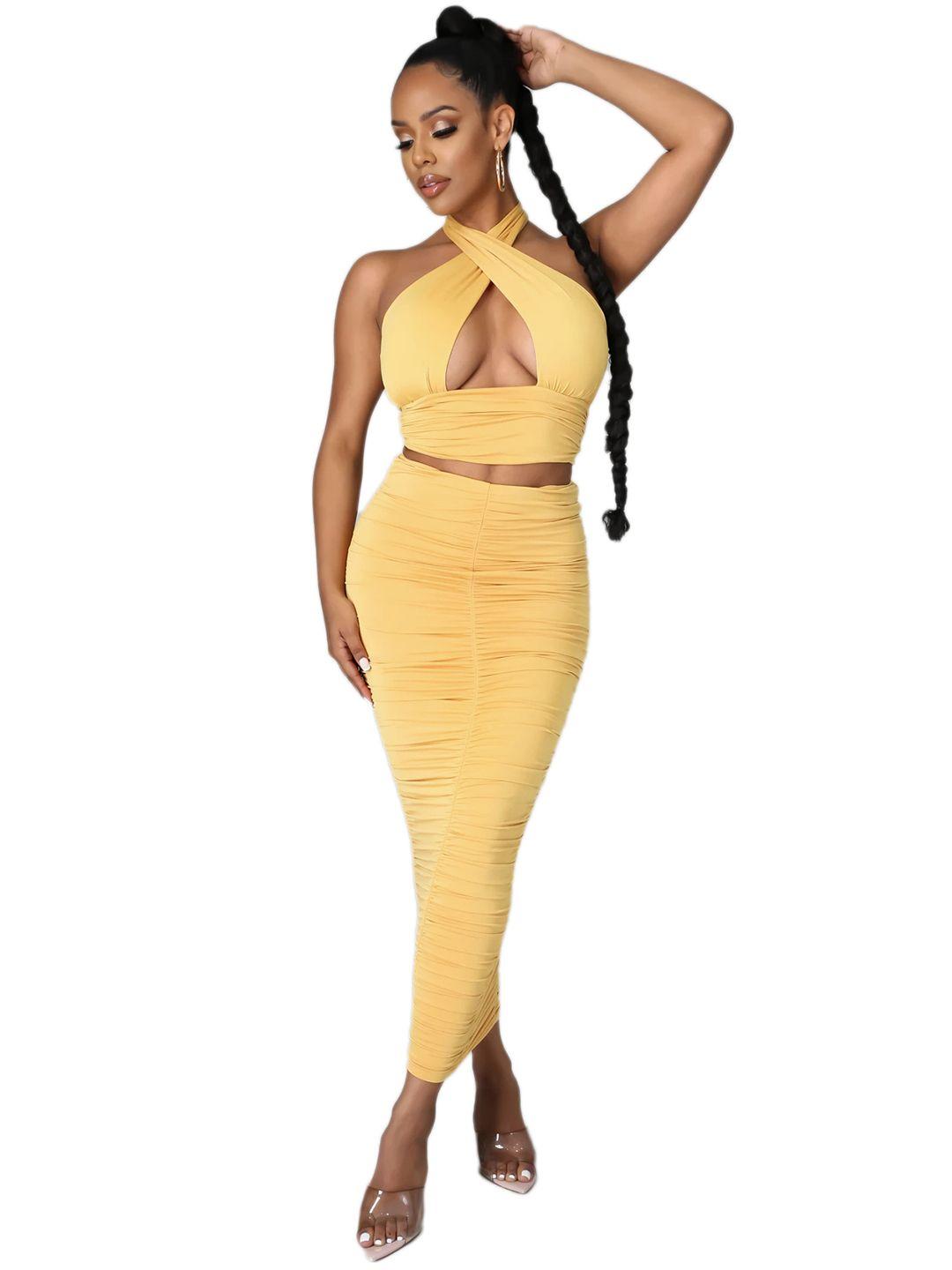 urbanic yellow solid slim-fit ruched co-ordinate set