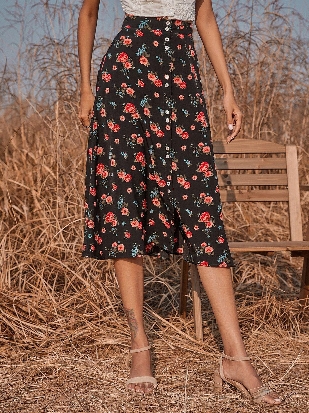 urbanic women black & red floral printed a-line midi skirt