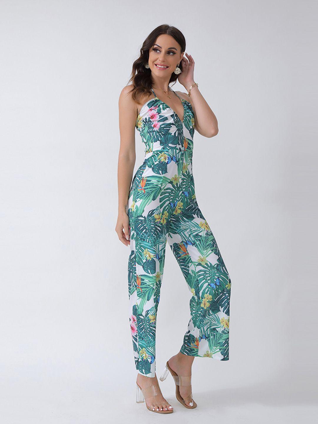 urbanic green & white halter neck printed basic jumpsuit