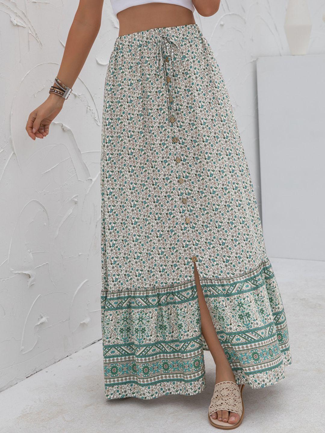 urbanic women white & green ditsy floral print front slit maxi flared skirt