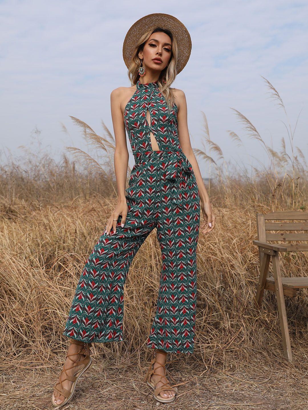 urbanic green & red halter neck printed cut-out jumpsuit