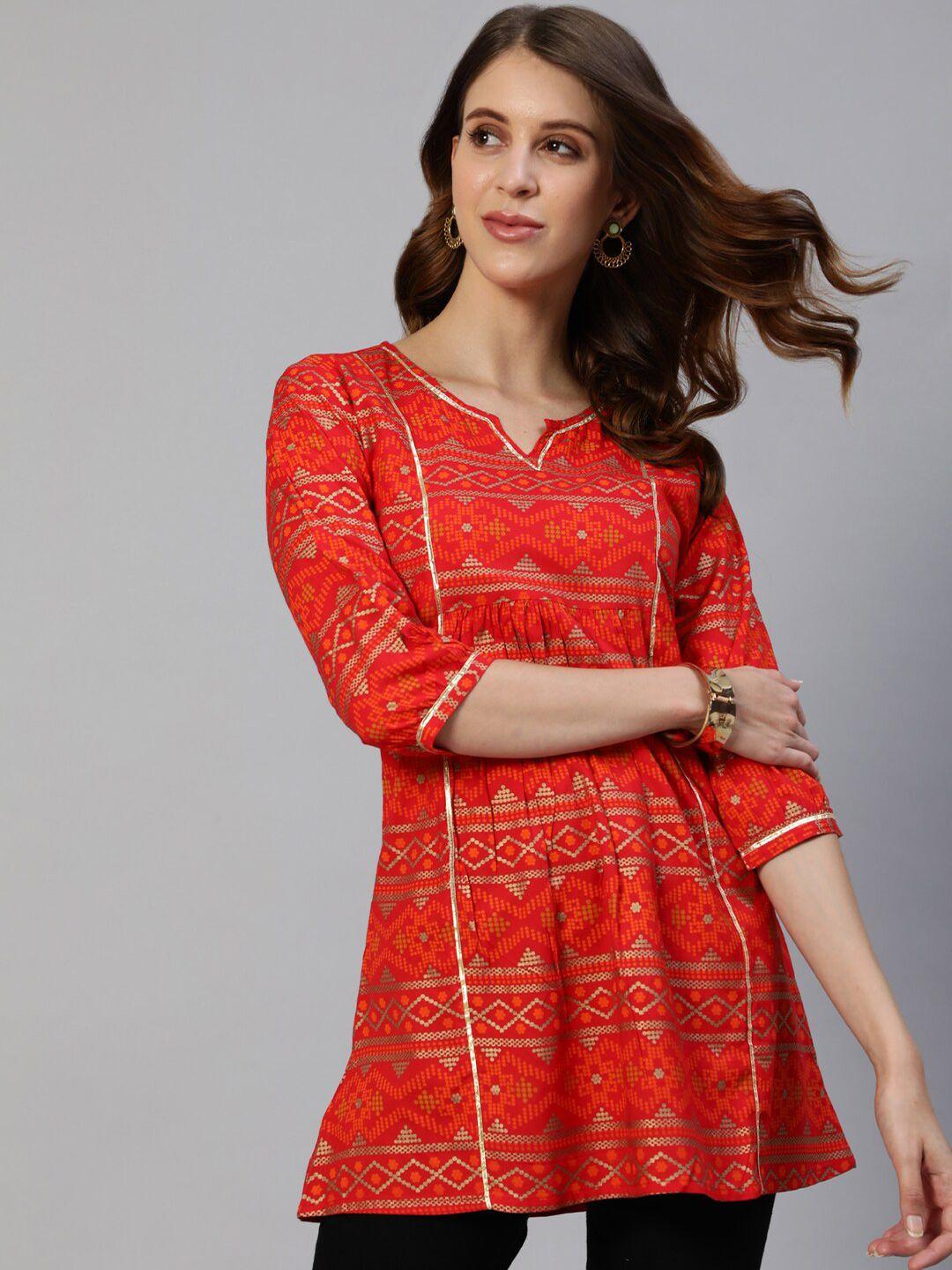 anubhutee red & gold geometric printed pleated kurti