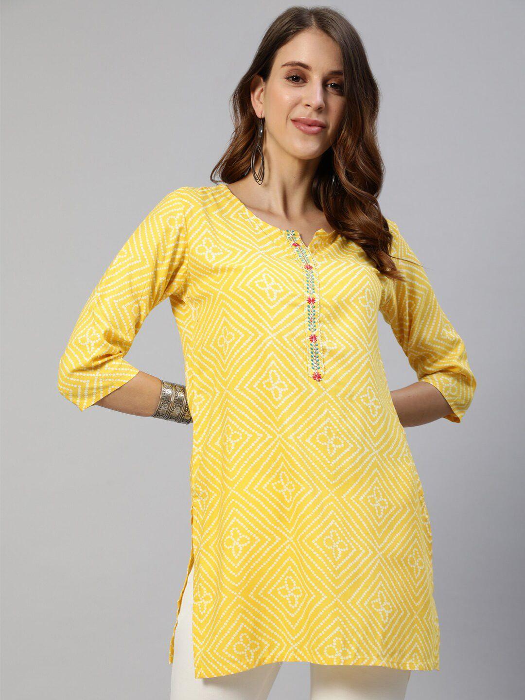 anubhutee yellow & white bandhani printed kurti