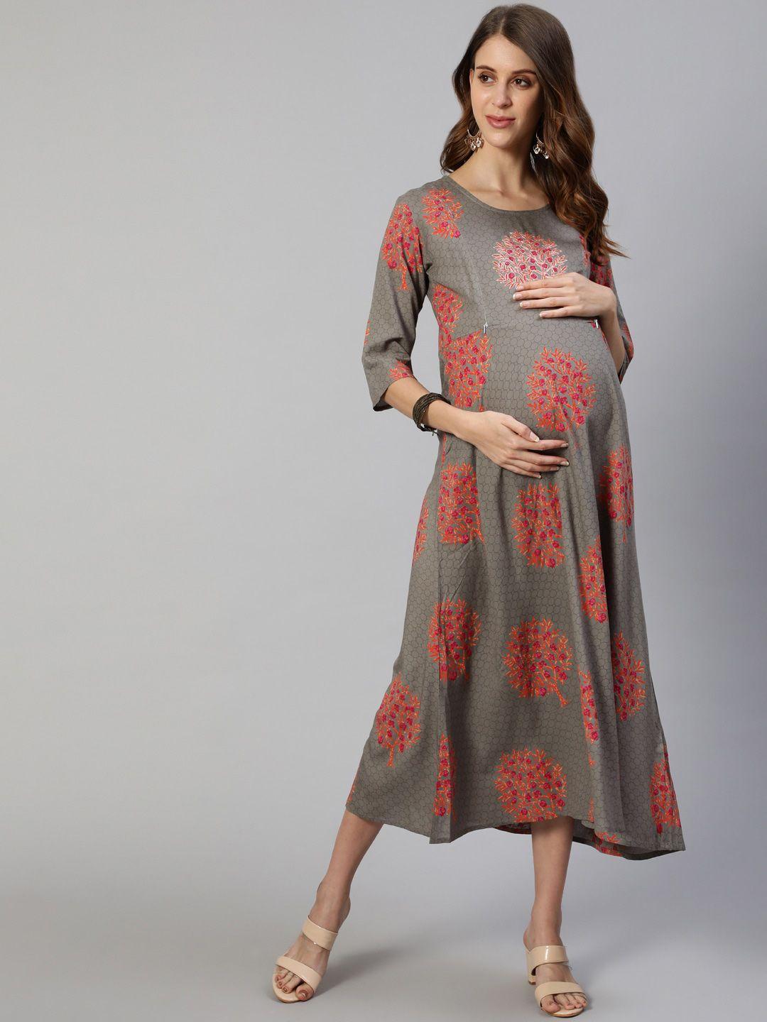 anubhutee grey & pink floral maternity a-line midi dress