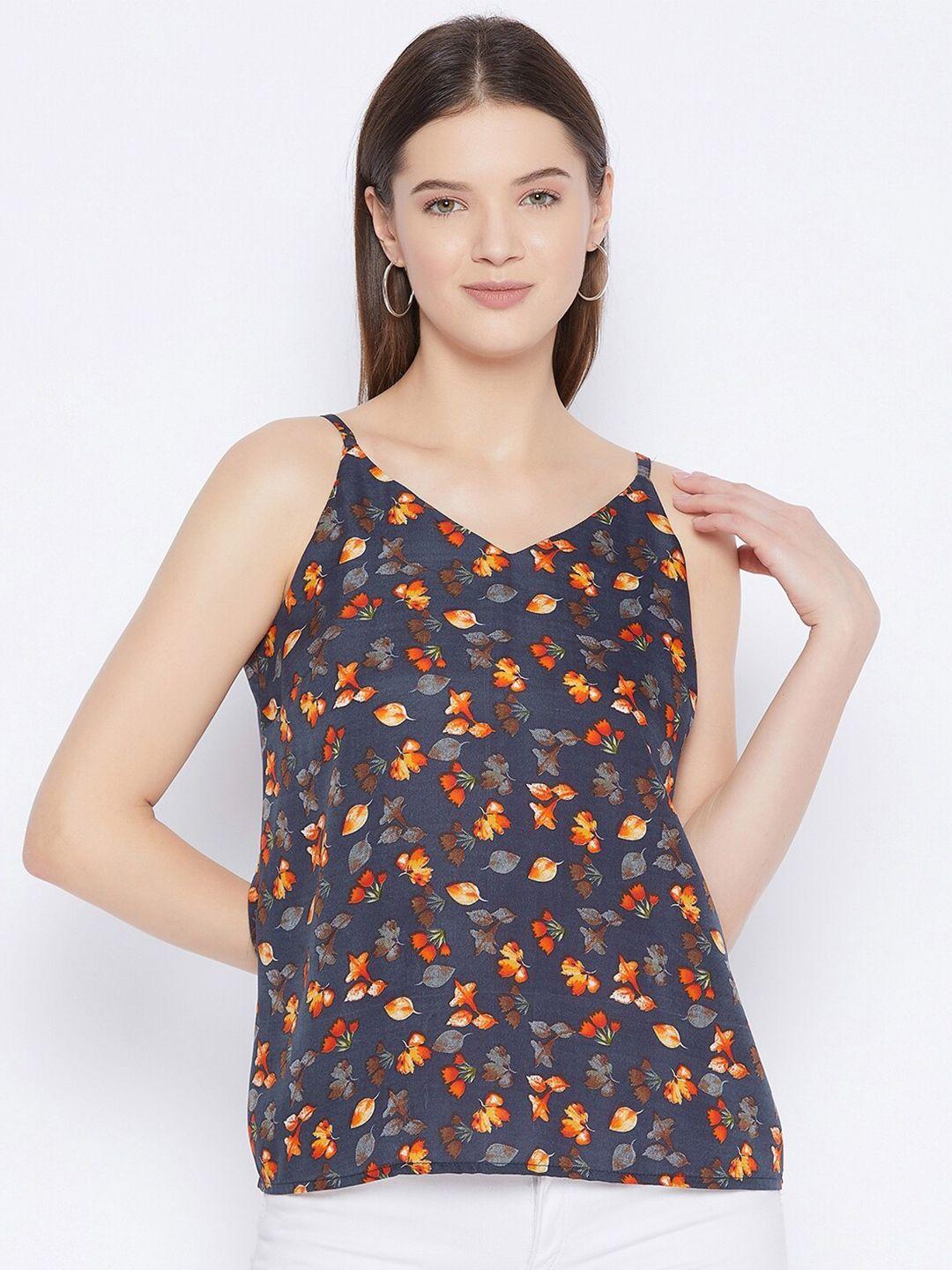 purys navy blue & orange floral crepe a-line top