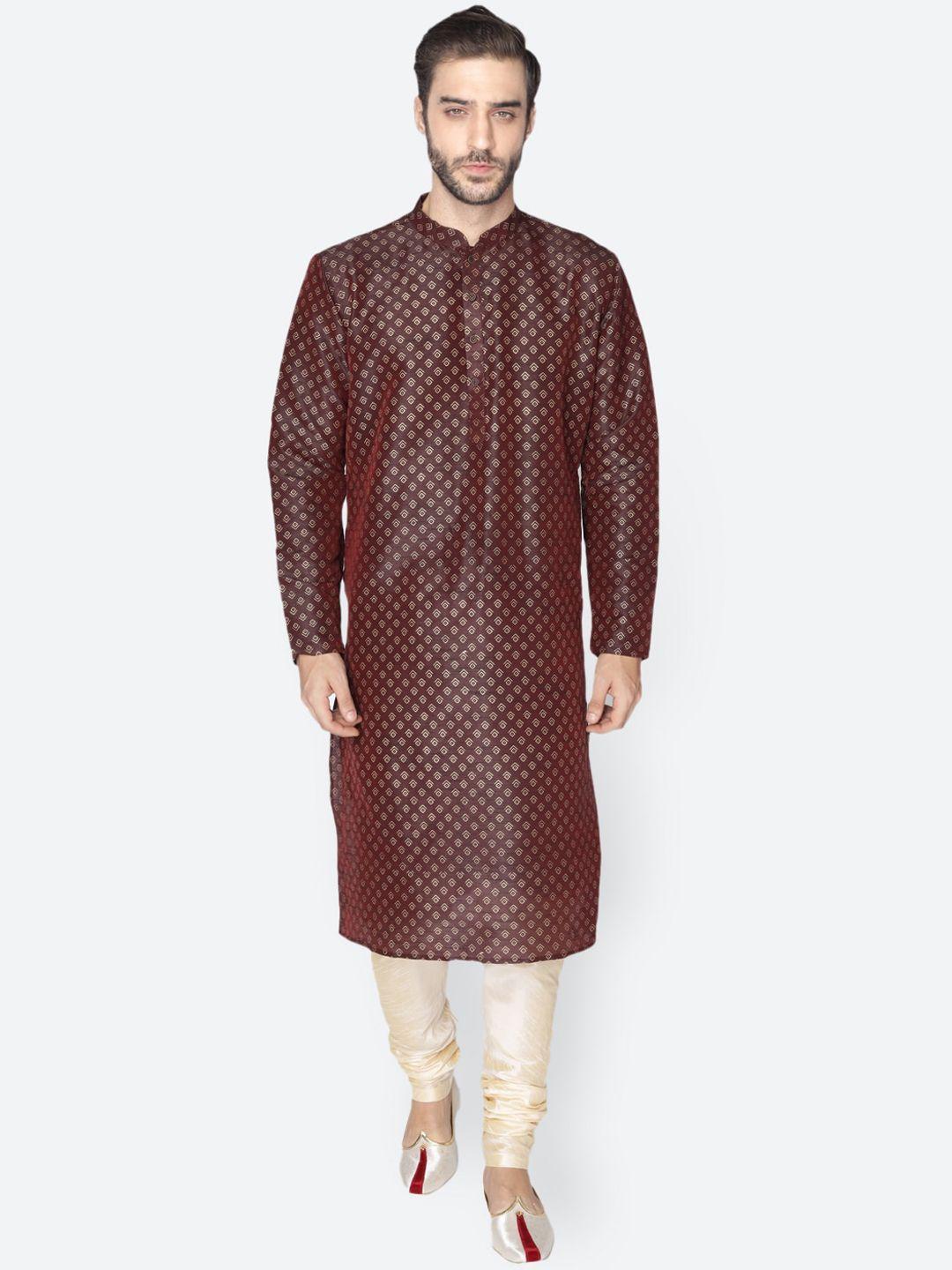 namaskar men burgundy & gold-toned geometric printed kurta