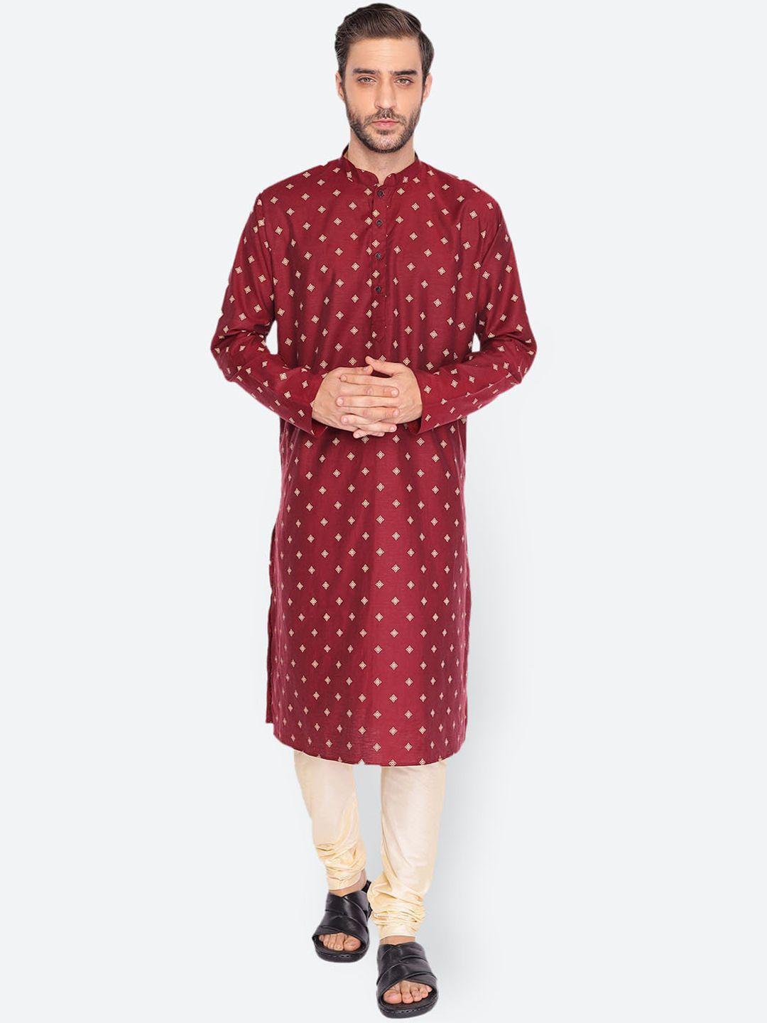 namaskar men maroon & beige ethnic motifs printed kurta