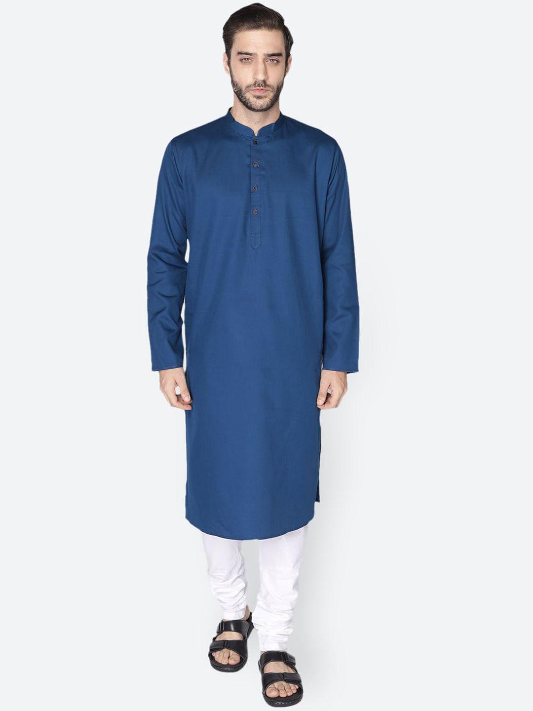 namaskar men blue solid cotton linen kurta