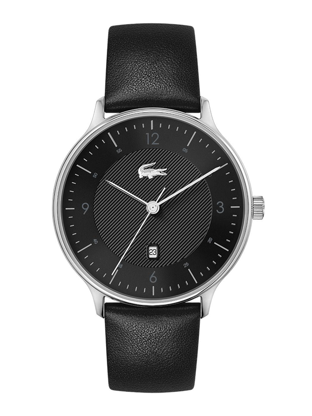 lacoste men black brass dial & black leather straps analogue watch 2011159