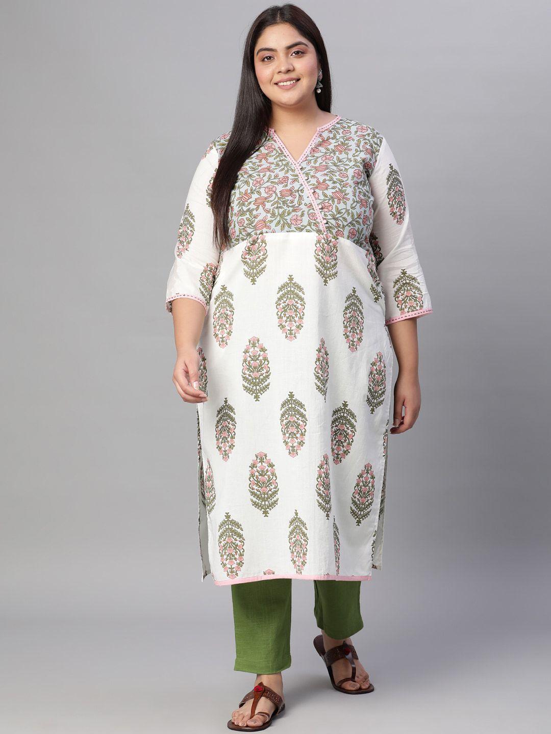 jaipur kurti women off white & green ethnic motifs printed kurta