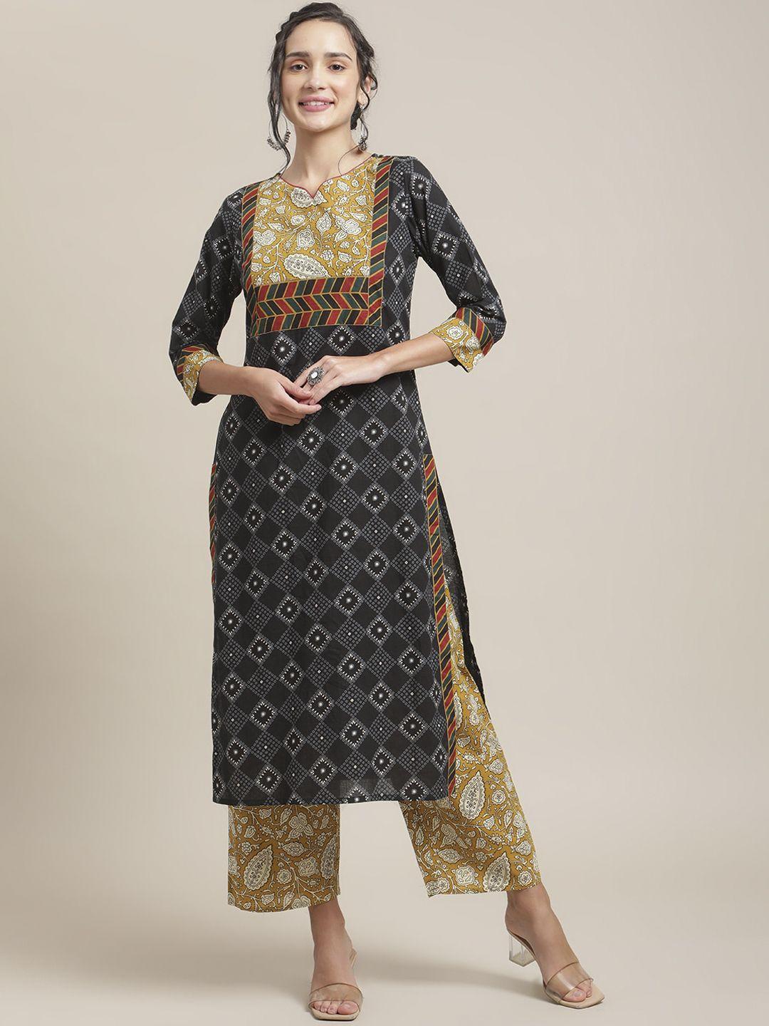 varanga women black printed regular pure cotton kurta with palazzos