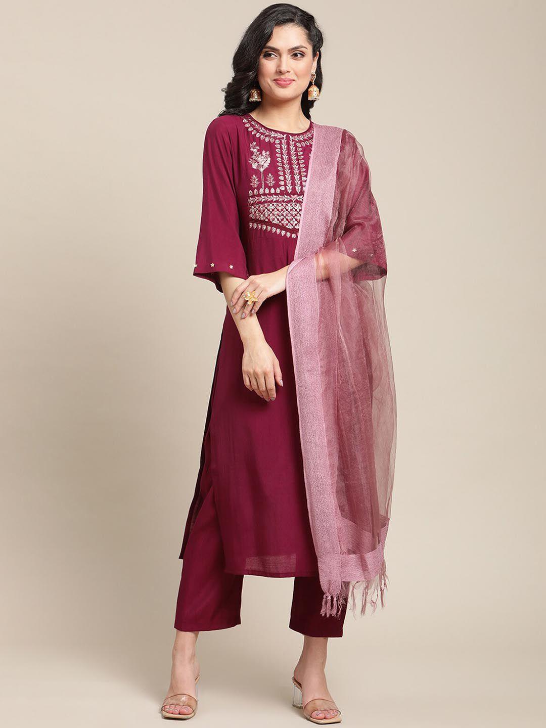 varanga women magenta floral yoke design regular thread work kurta with trousers