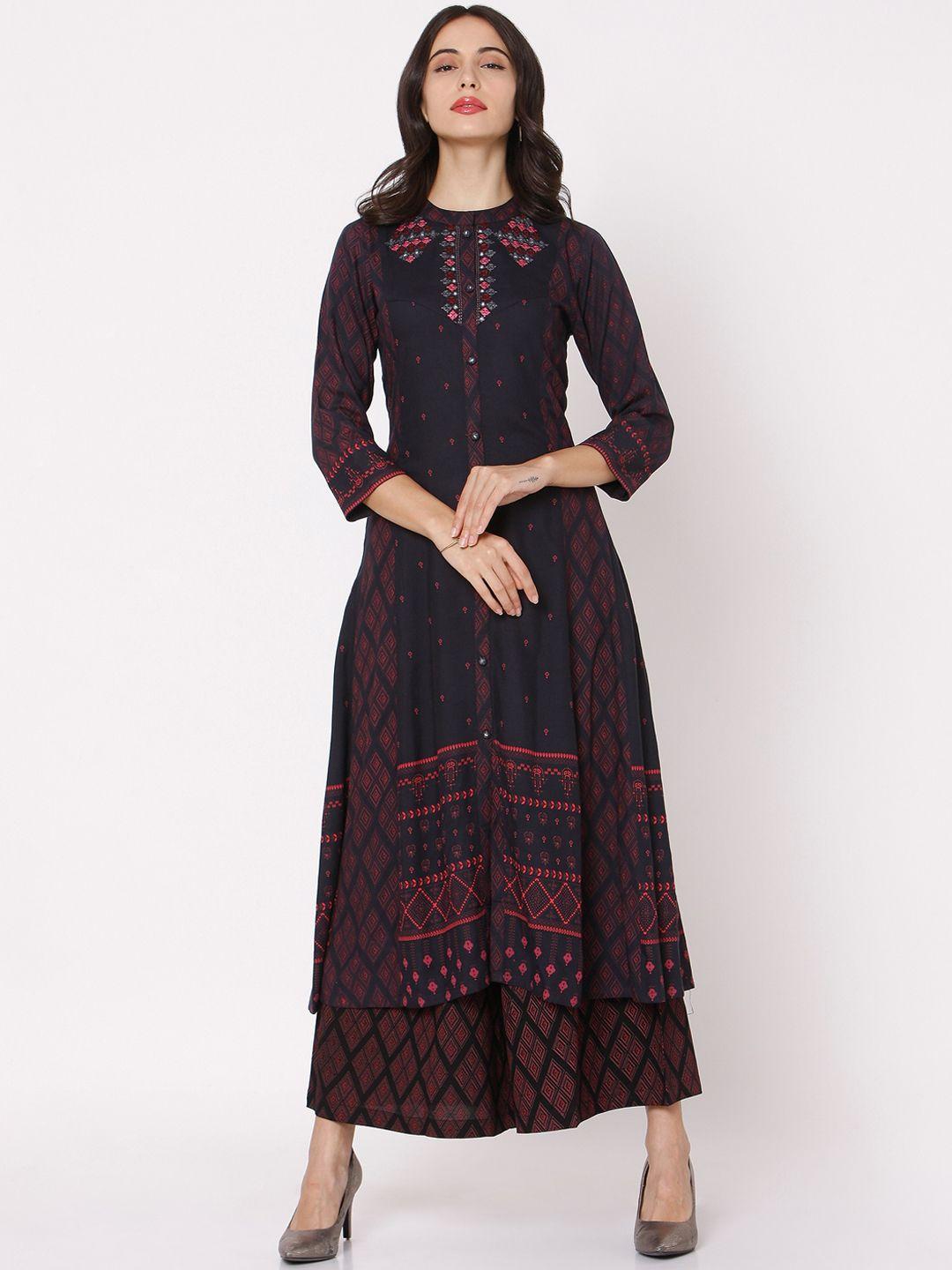 ojas designs women black embroidered regular kurta with palazzos