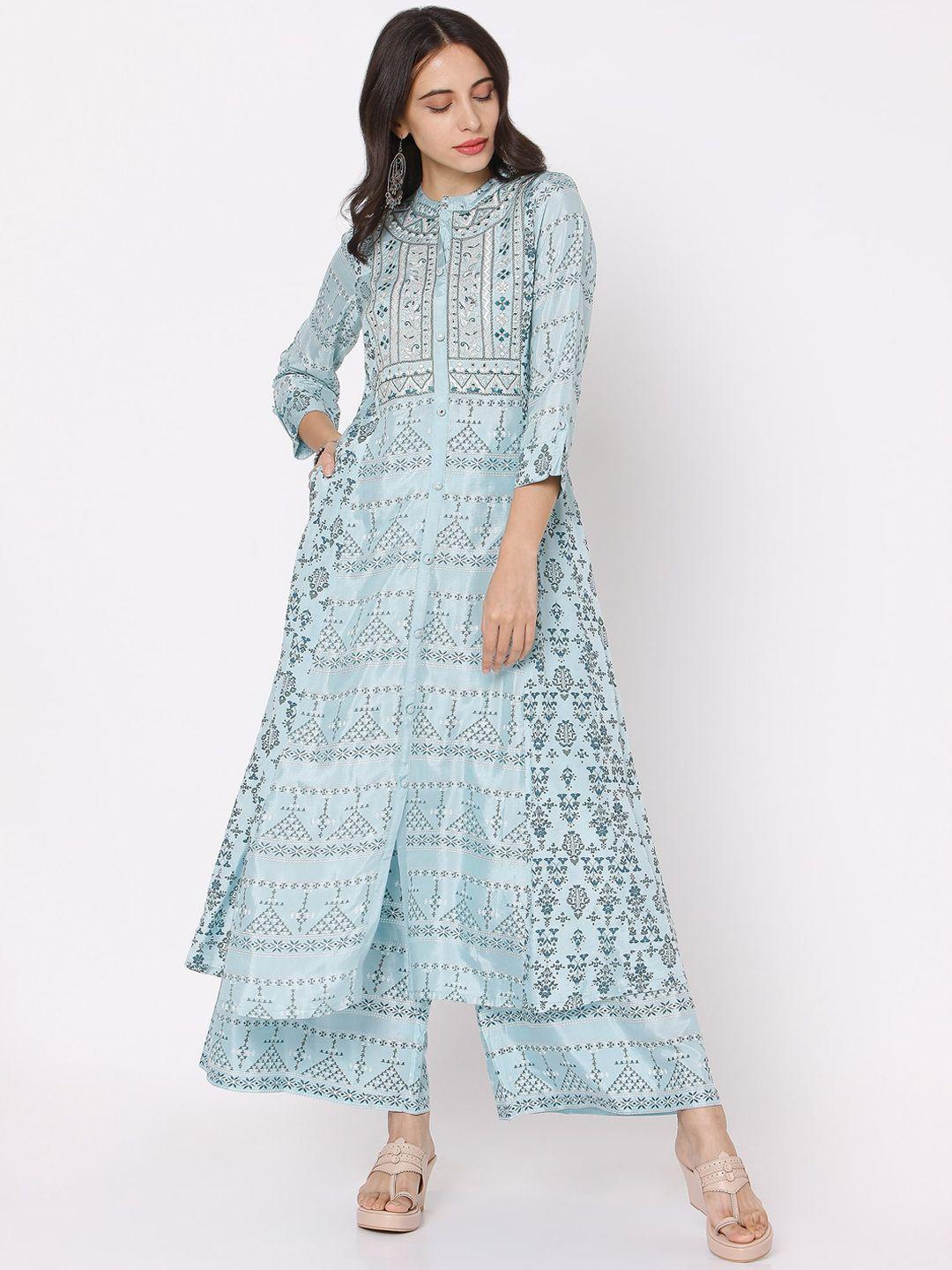 ojas designs women blue printed panelled kurti with palazzos