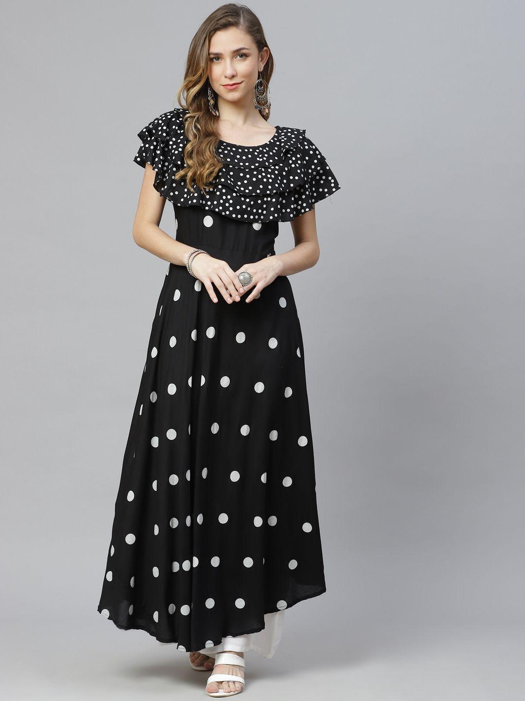 aayusika women black & white polka dots printed asymmetric a-line kurta