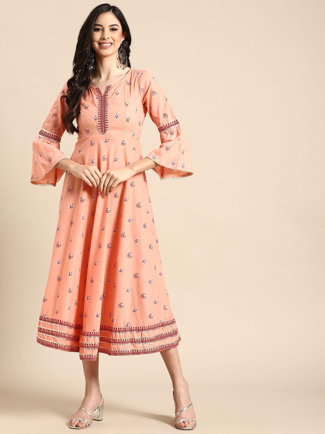 rangmayee peach-coloured & black floral ethnic flared sleeves a-line midi dress