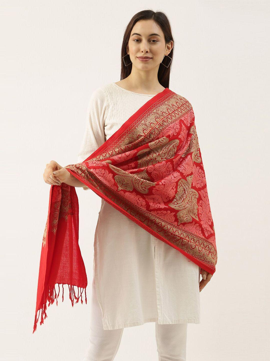 pashmoda women red & gold-colour aari embroidered pure wool shawl