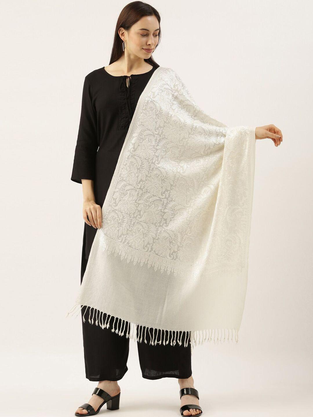 pashmoda women white embroidered pure wool shawl